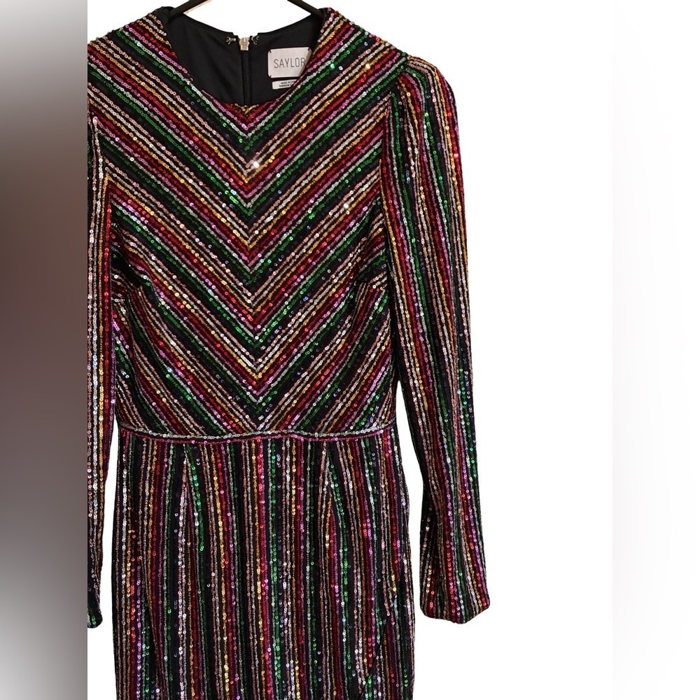 Saylor - Black & Metallic Rainbow Sequin Striped Long Sleeve Dress Sz XS - Picture 6 of 9